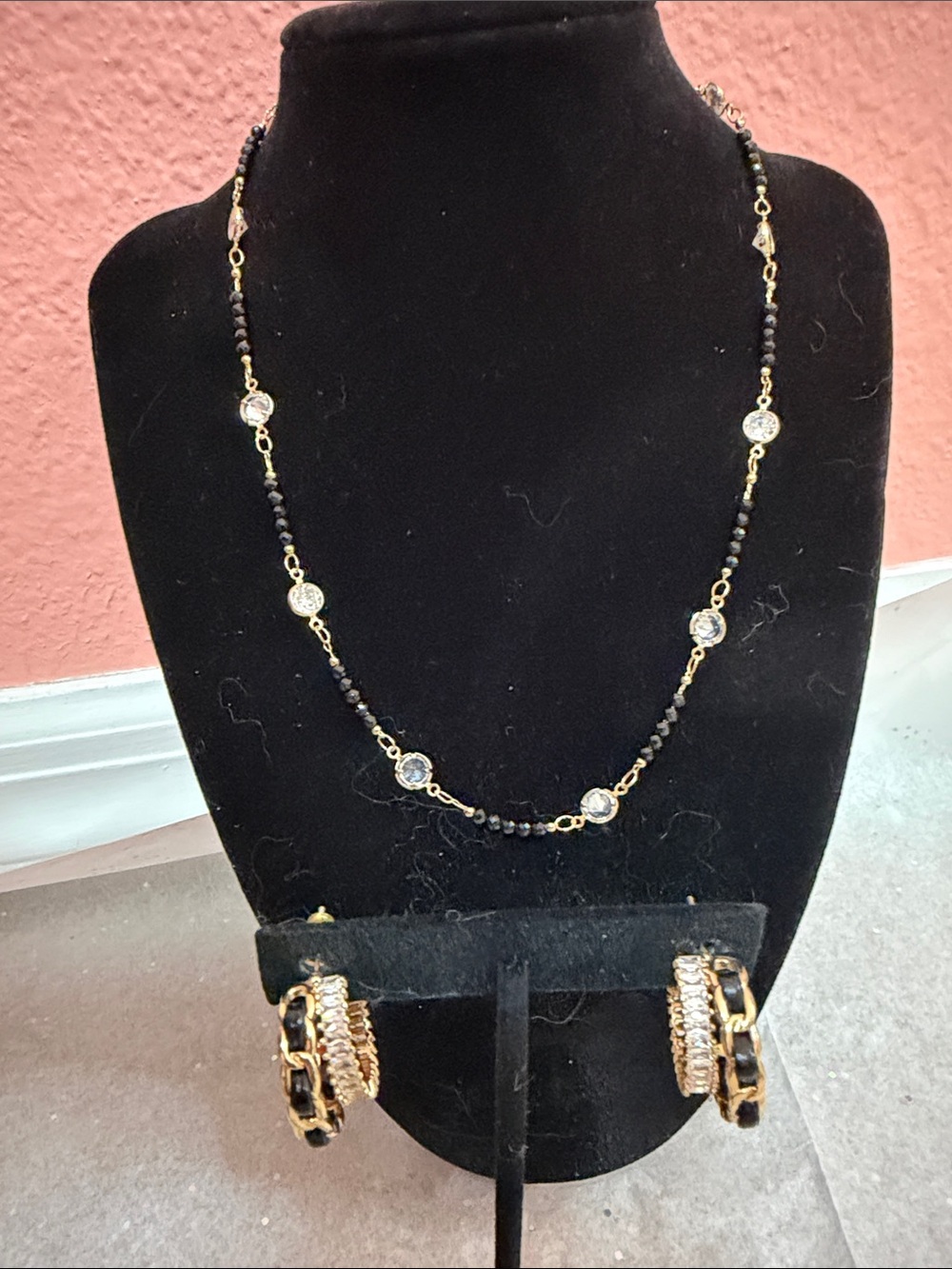 Park Lane Black Bead Necklace with Gold and Clear Crystal Accents